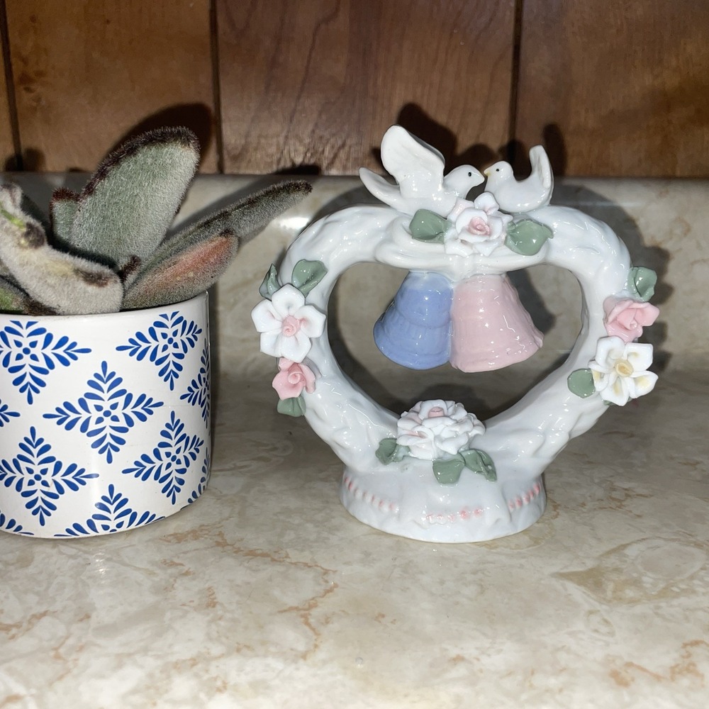 RARE! Vintage Ceramic Glazed Two Birds Perched on Heart w Two Bells & Flowers
